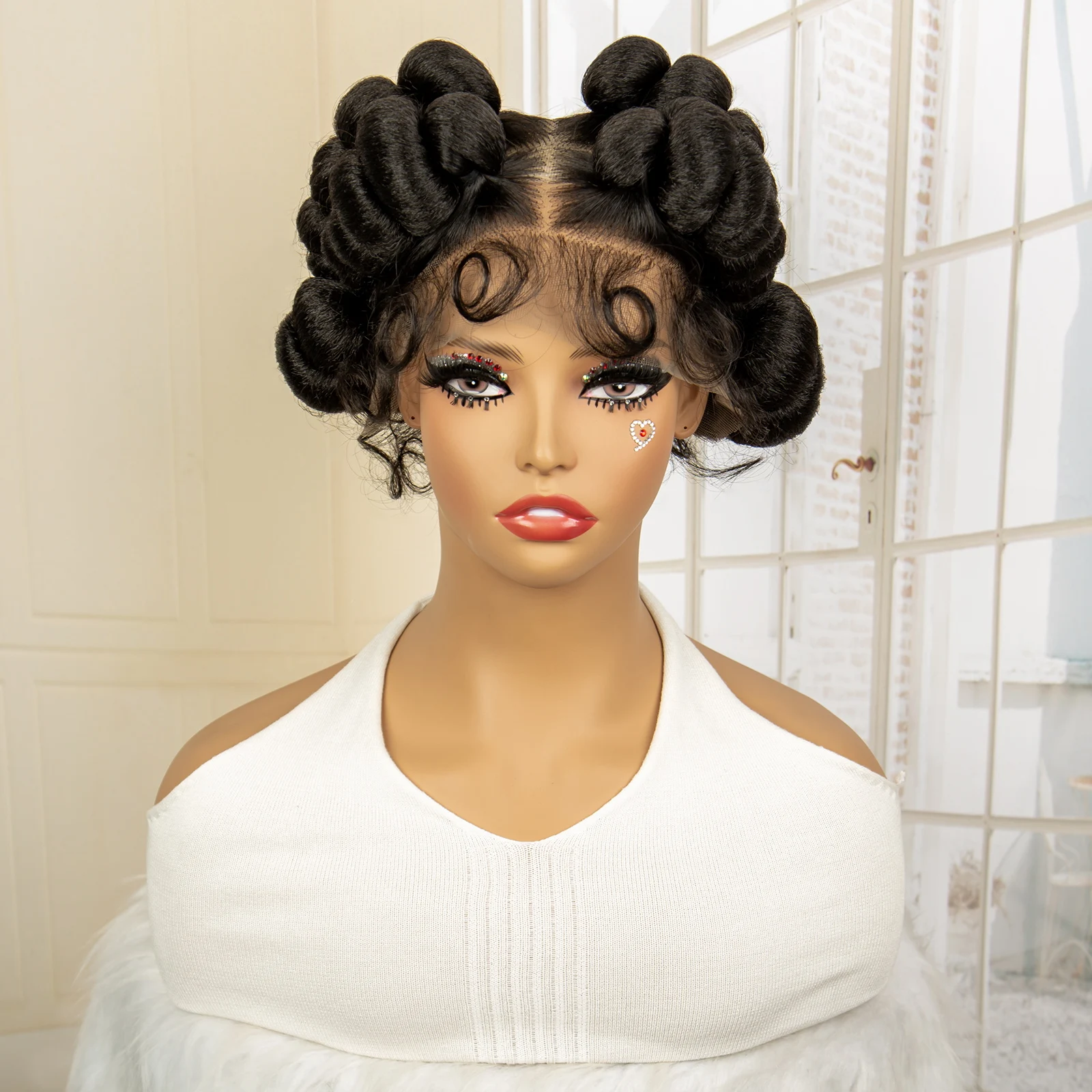 Full Lace Synthetic African Bantu Braided Wigs for Black Women Afro Hair Wig Lace Frontal Knotless Box Braiding Wig with Buns