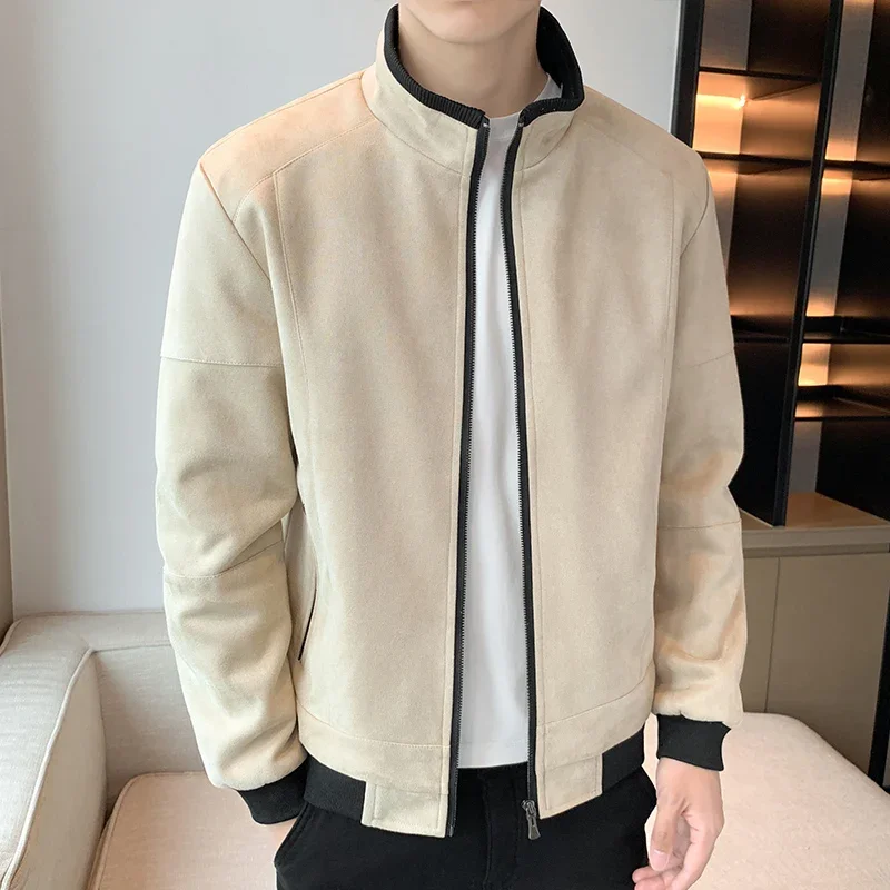 Men Suede Leather Jackets 2024 New Spring Autumn Solid Color Zipper Outwear Coats Vintage Mens Stand Collar Business Jacket