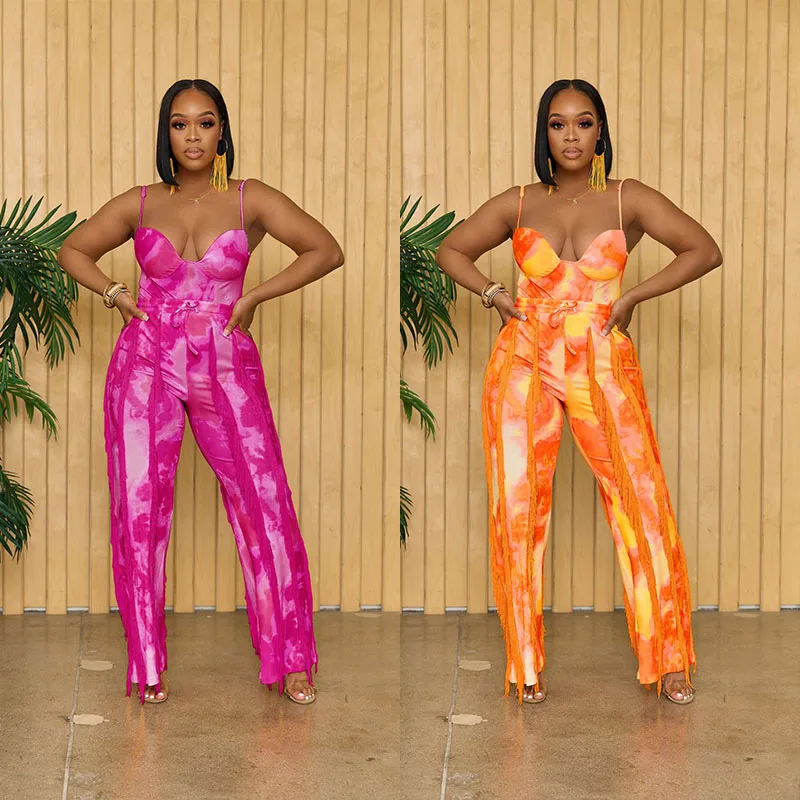 

Комплект из двух предметов с принтом тай-дай для женщин, комплекты брюк, праздничная одежда, клубная одежда, боди, топ и брюки с бахромой и кисточками, одинаковые комплекты