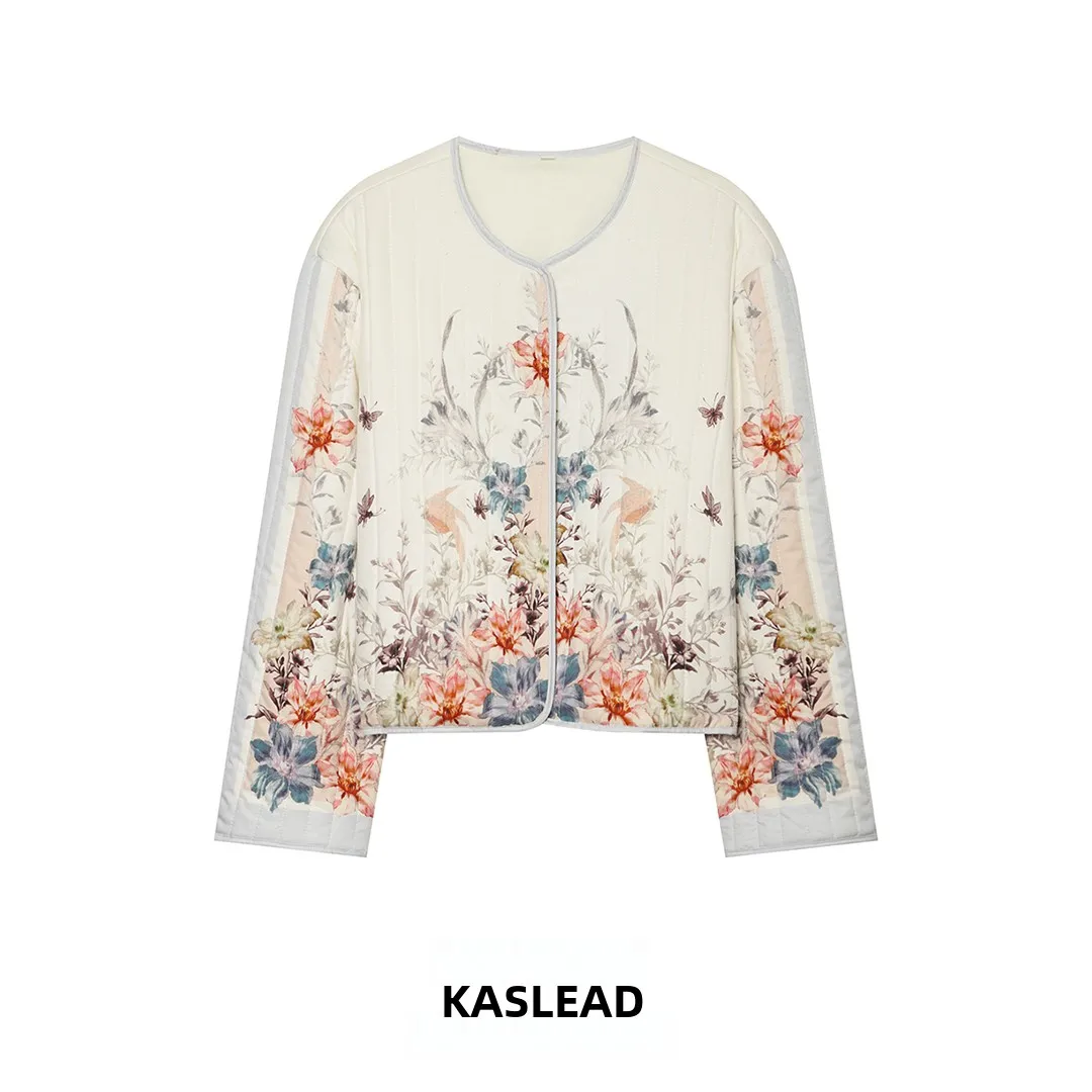 KASLEAD New Women's Fashionable Versatile Printed Quilted Jacket Long Sleeve Polyester Fiber Button Closure Plant Floral Pattern