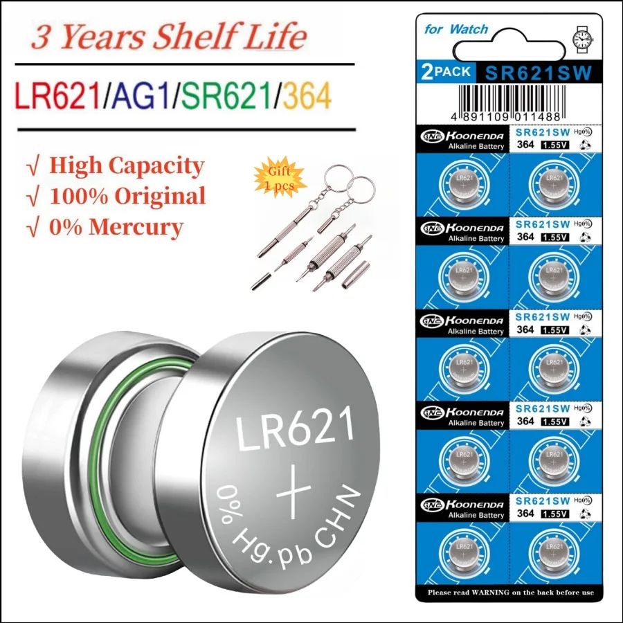 Alta capacidad 10-50 Uds AG1 SR621SW LR621 baterías KND 1,55 V pila de botón alcalina para calculadoras relojes Juguetes