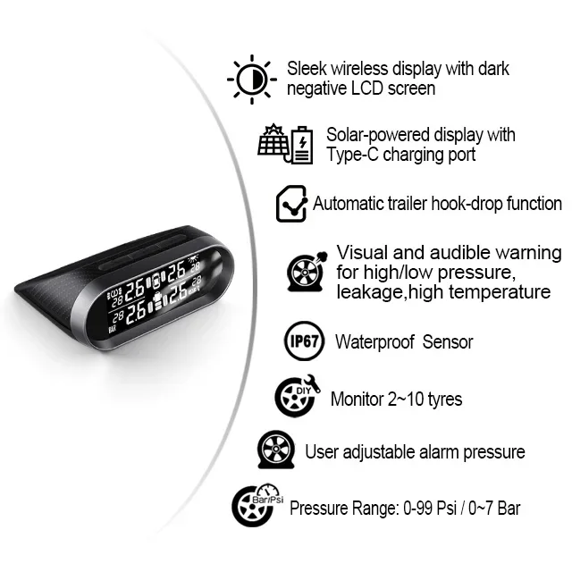 Sistema di monitoraggio della pressione dei pneumatici TPMS per Auto ricarica solare Display LCD digitale LCD allarmi automatici sensore esterno Wireless