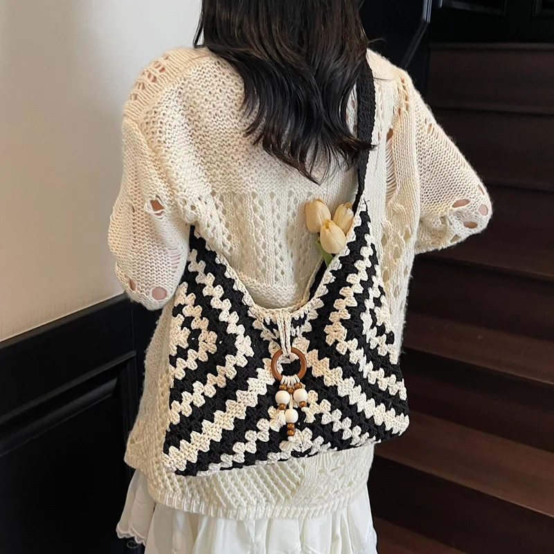 

Шерстяная вязаная летняя сумка на одно плечо для женщин, 2024, тканая сумка в богемном этническом стиле, женская сумка через плечо для пляжного отдыха