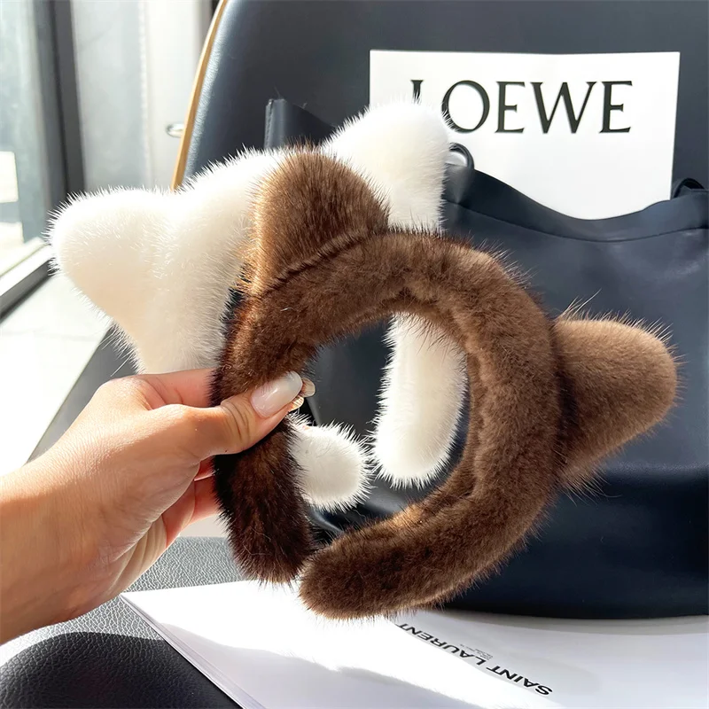 

Face Wash Headband Real Mink Cat Ears Hairpin Net Celebrity Female Anchor Headband Cute Plush Headdress Makeup Hairpin