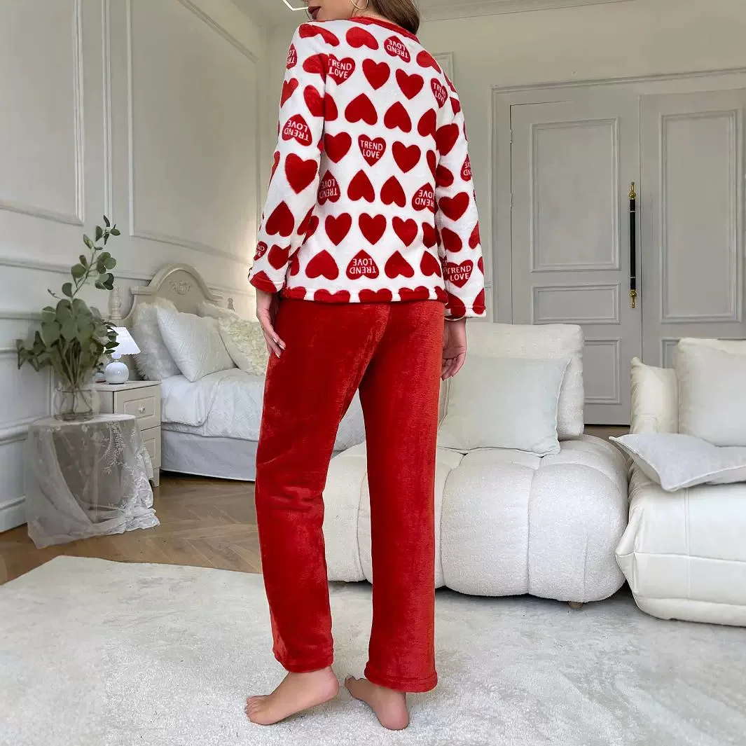 Autumn and Winter New Women\'s Warm Pajamas Homewear Suit Thickened Red Facecloth Long-Sleeved Long Pants Leisure Home Suit