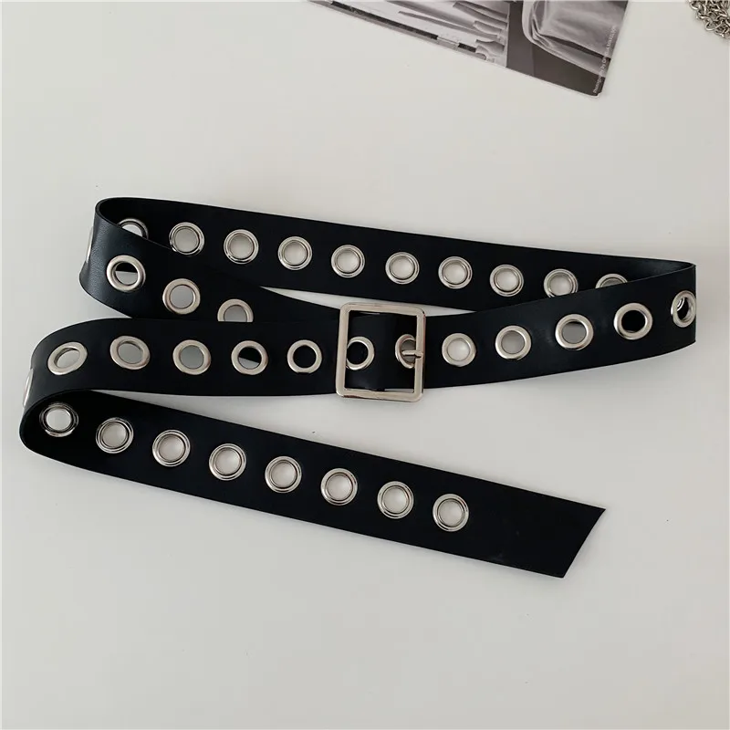 125CM Long Soft Faux Leather Belt Female Knot Black Waistband Sweater New Silver Square Hollow Belts Pin Buckle Coat Party Strap