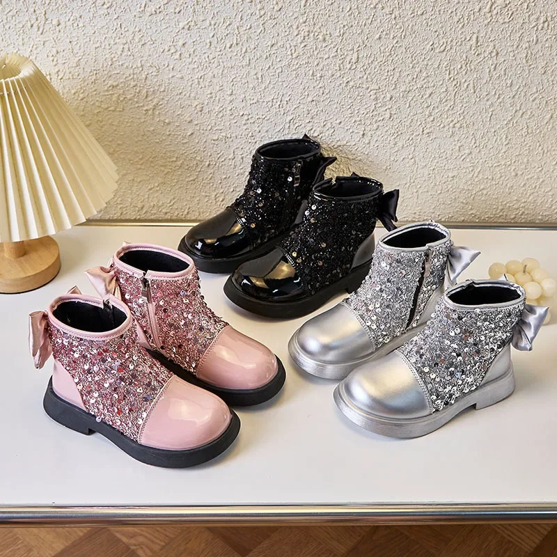 Girls Princess Boots Autumn Winter Toddler Kids Fashion Brand Middle Calf Boots Children High Top Glitter Bowtie Shoes Soft Sole