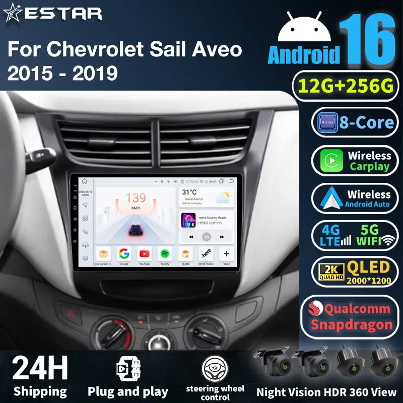 Android 16 Car Radio Carplay Auto For Chevrolet Sail Aveo 2015 - 2019 Head Unit QLED GPS 4G WIFI BT 2DIN Multimedia Video Player