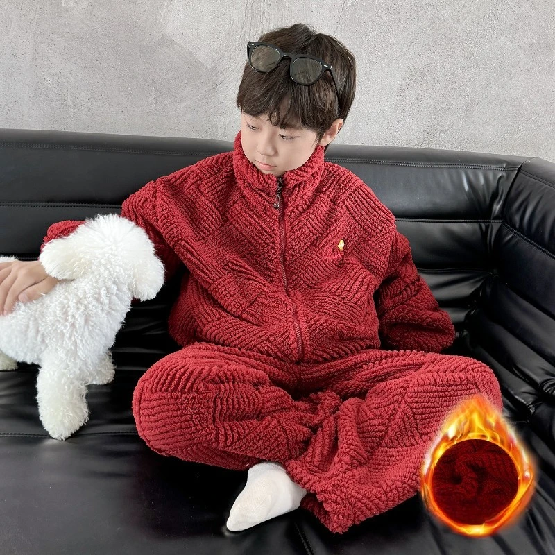 2pcs Vintage Striped Boys Loungewear Thickened Fleece Stand Collar Cardigan Set Korea Winter Casual Pajama Set