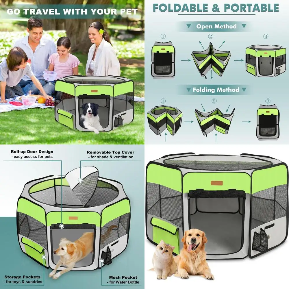 

Portable Pet Playpen for Dogs, Puppies, Cats, Rabbits, and Chickens - Large-Capacity, Green, Indoor/Outdoor Use