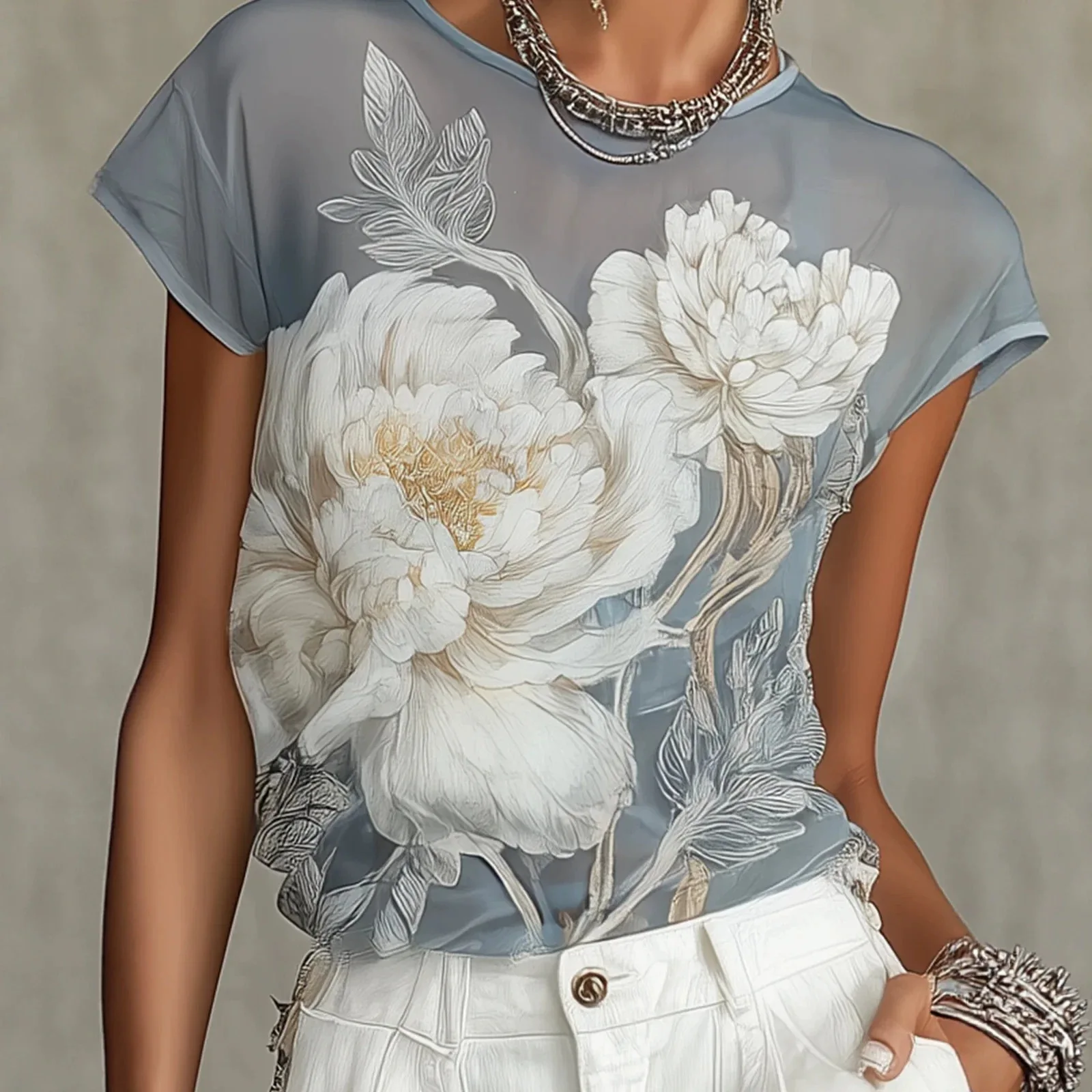 

Summer New Printed Short-sleeve T-shirt For Women, Light Luxury White Peony Thin Round-neck Chiffon Shirt, Elegant And Beach