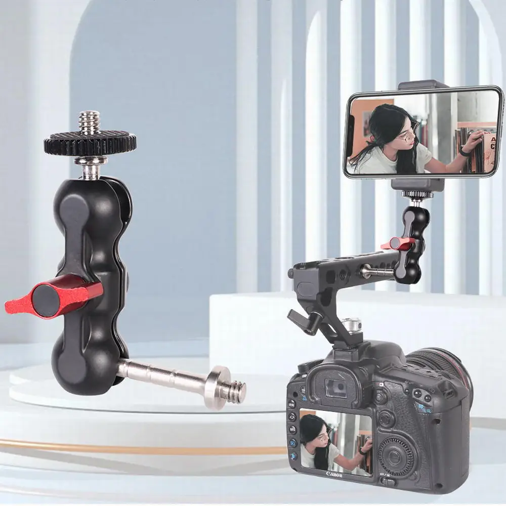 Mini แขนมายากลอะแดปเตอร์ Multi-Function Double Ballhead 1/4 "สกรูสำหรับกล้อง LED Light/แสงแฟลช/กล้อง