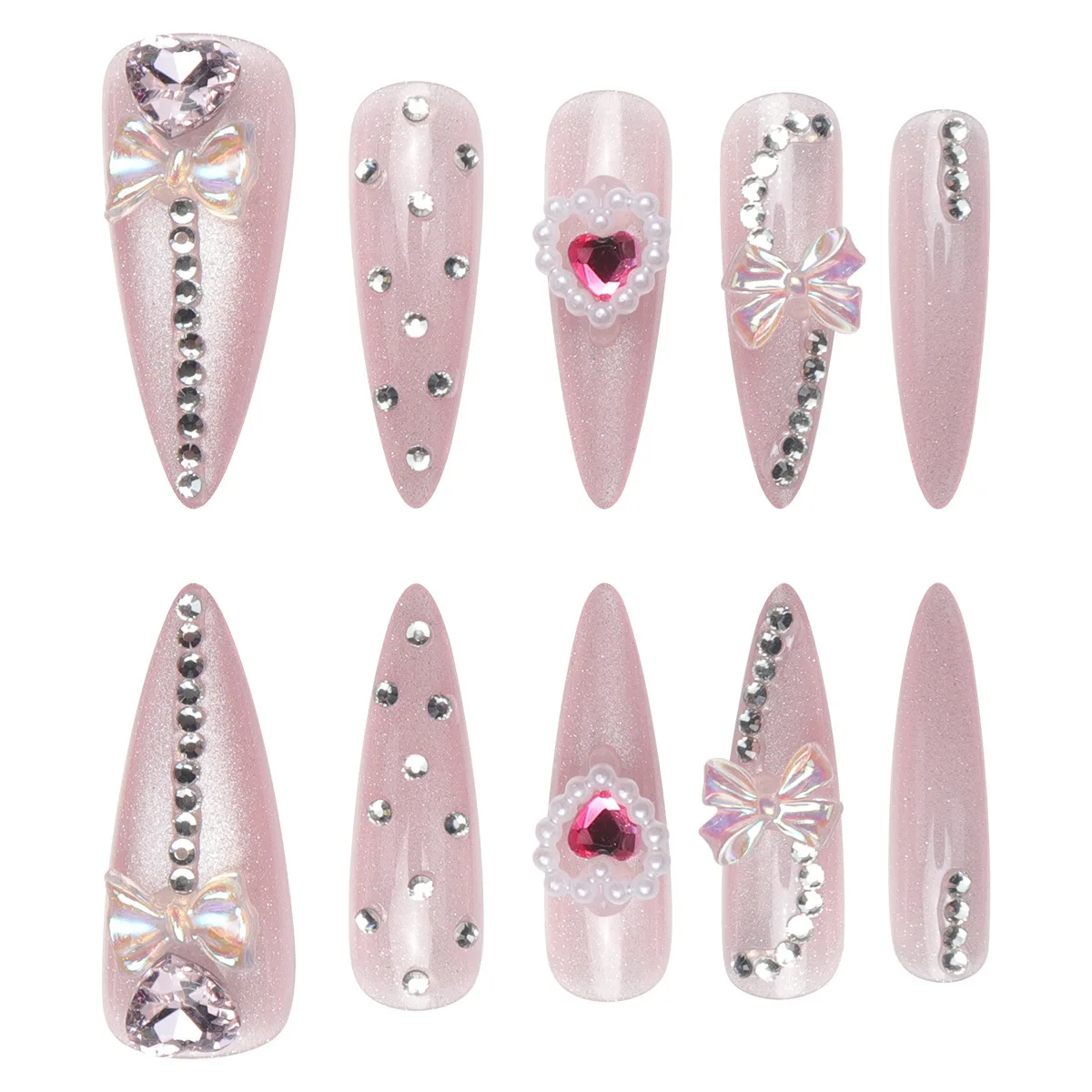 Y2K Stiletto Fake Nails for Women 3D Red Crystal Shiny French Press on Nails Wearable Full Cover False Nails for Party CF20