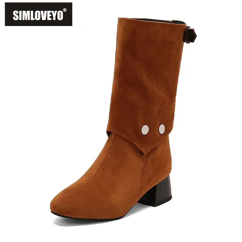 

SIMLOVEYO2025 New Double Wear Mid Calf Boots Women Flock Suede Round Toe 4.5cm Block Heel Zipper Button Big Size 47 48 Autumn