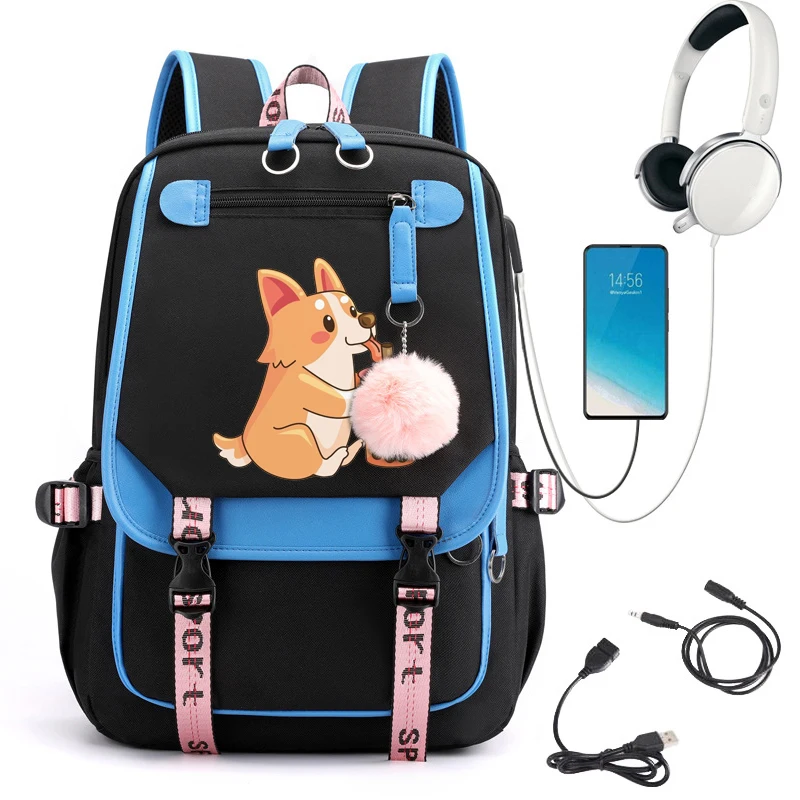 Tas ransel kartun kuliah wanita, tas ransel Laptop sekolah imut Corgi Boba anak perempuan lucu