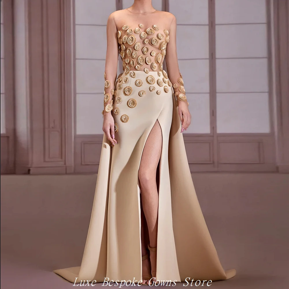 

Women's Formal Evening Gowns Mermaid Floor-length O-neck Full Sleeve Prom Dresses Fashion Flowers Side-split Customized Gowns