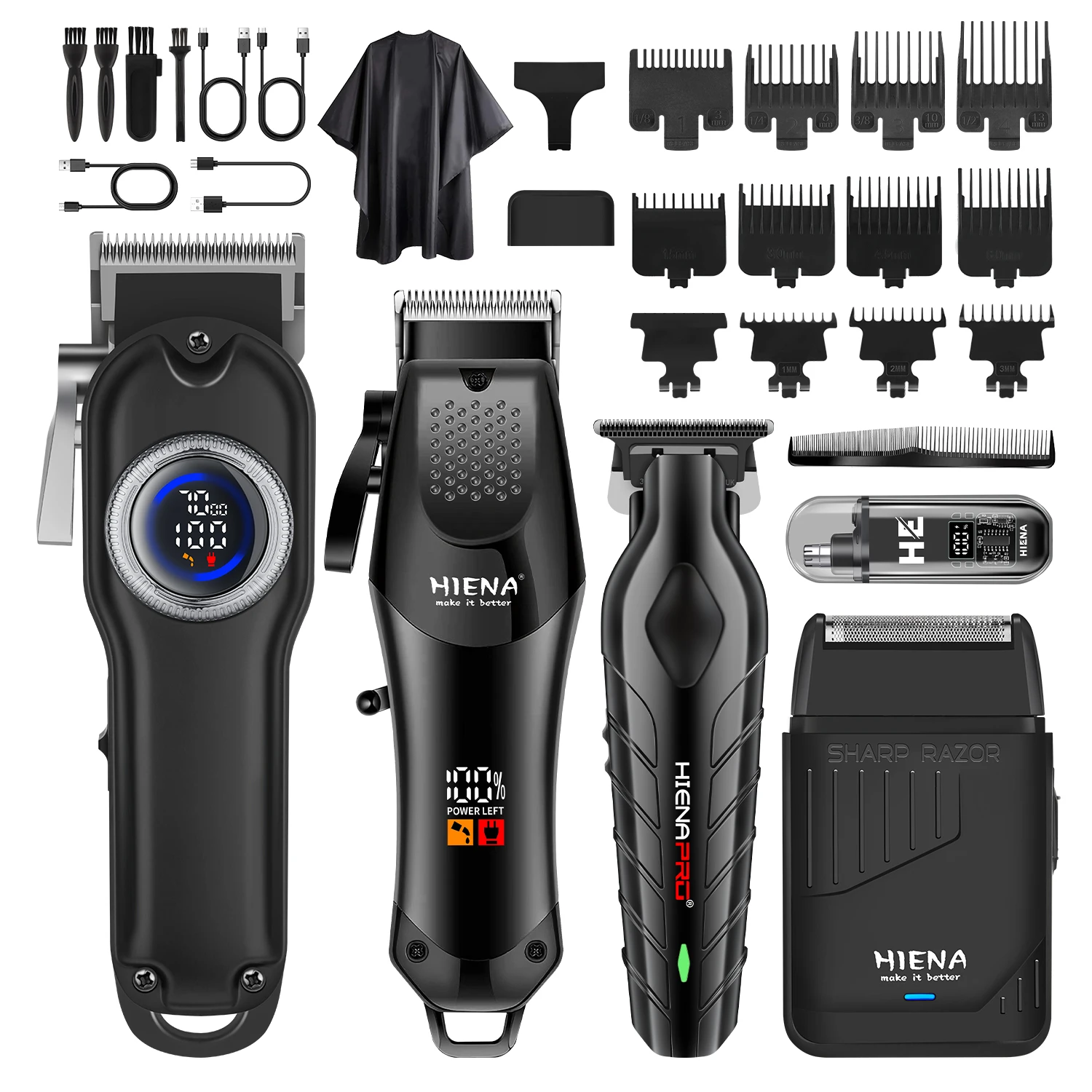 HIENA 5-in-1 Hair Clipper Set Cordless Barber Trimmer Kit LCD Display for Men Salon Home