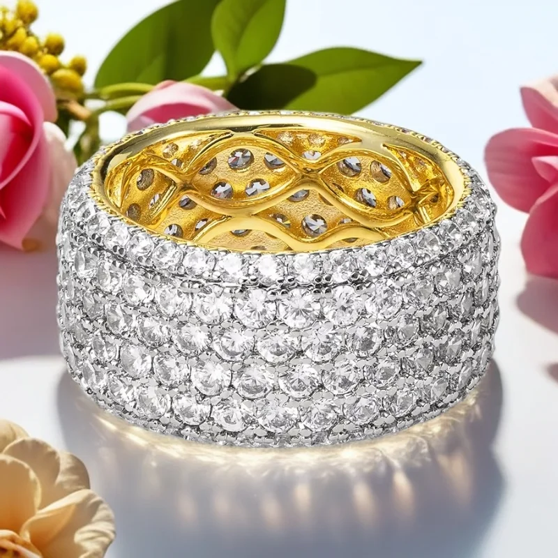 VANXIN Hip Hop Iced Out Round Ring Gold Color CZ Cubic Zirconia Brass for Women Men Jewelry