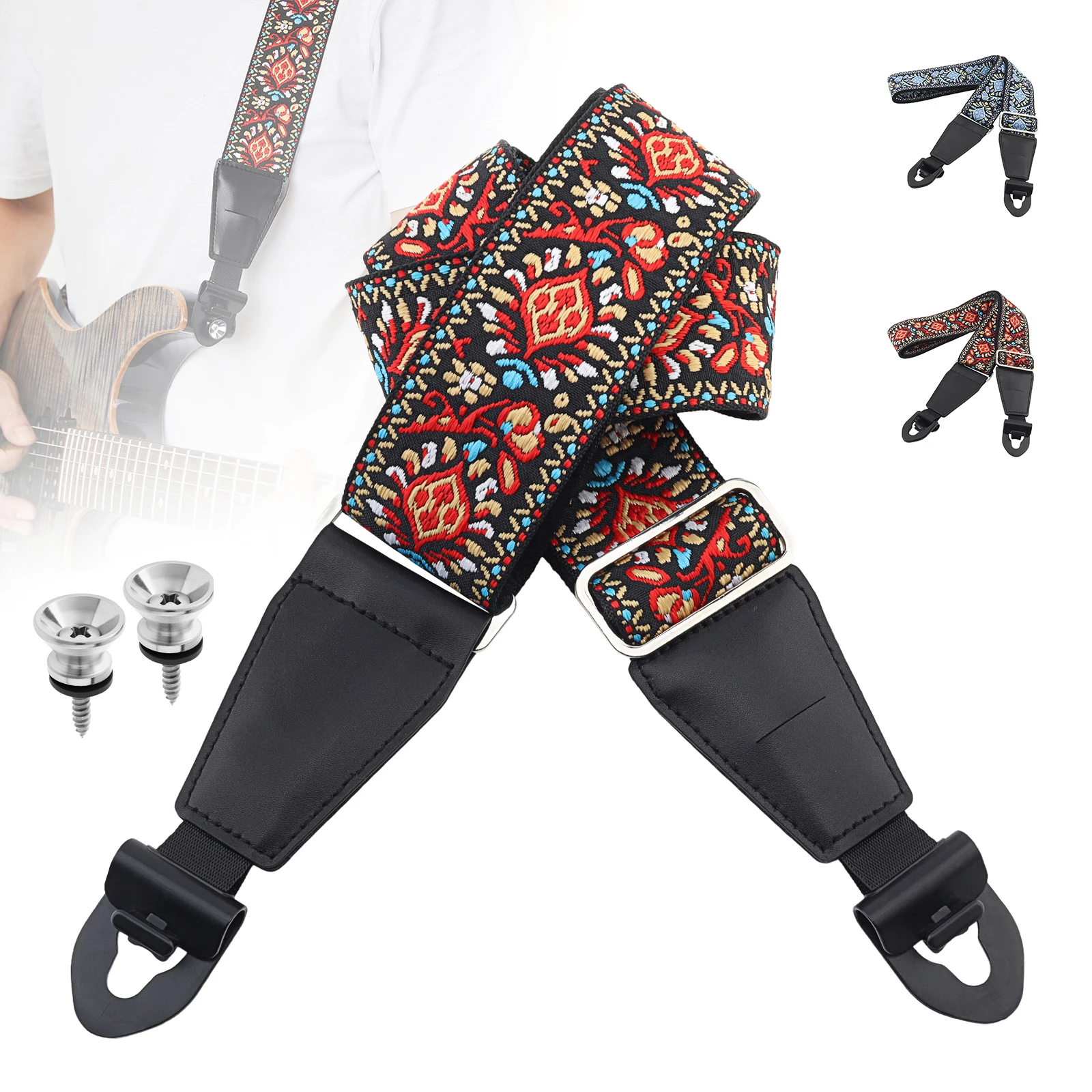 Schnellverschluss Anti-Rutsch Bestickter Baumwoll-Gitarrengurt für E-Gitarre / Akustikgitarre Bass mit 2 Verschlussstiften, Plektrum-Schlitz