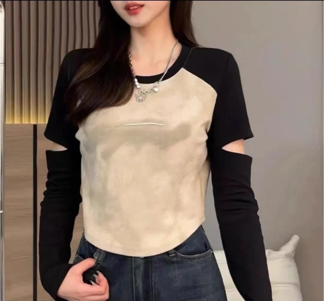 High Quality Women's T-shirt Guangzhou Thirteenth Factory Short Style Long Sleeve Slim Fit Base Layer Black White Color Block