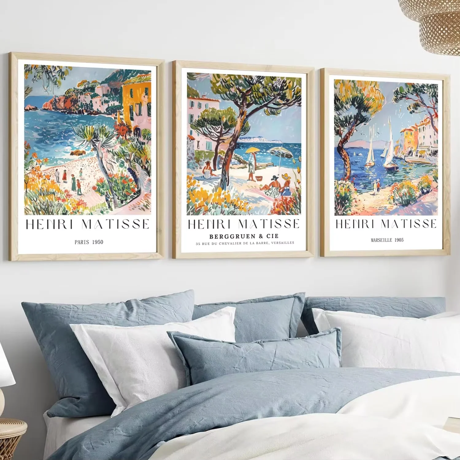 3Pcs Henri Matisse Style Coastal Canvas Art Vintage French Seaside Travel Poster Wall Decor for Living Room Bedroom Home Unframed