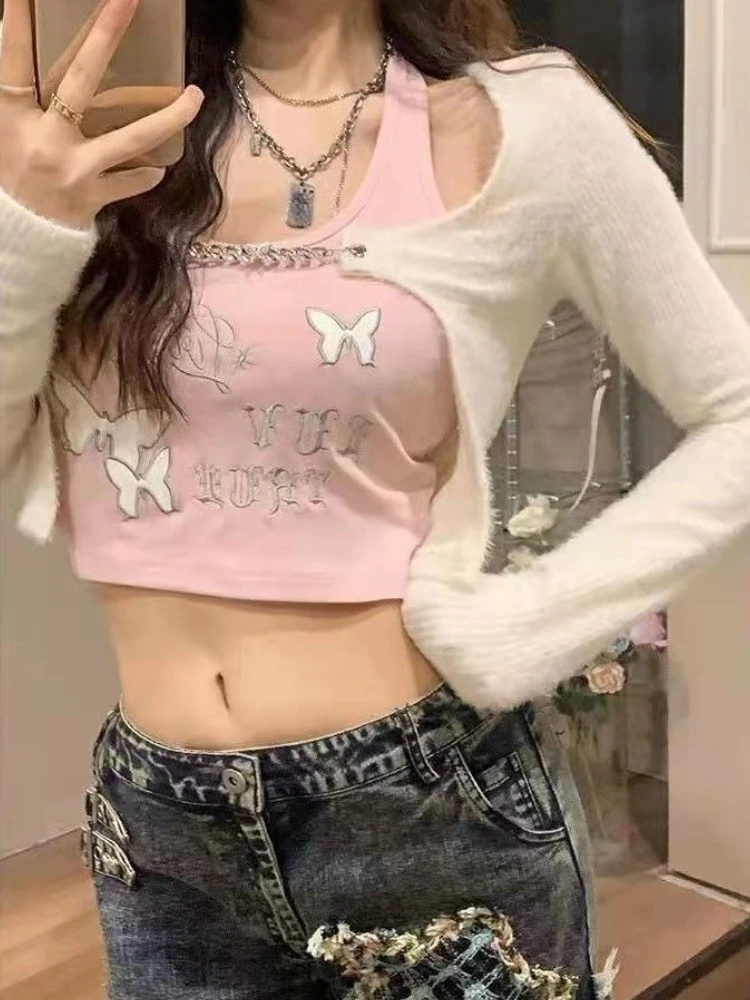 

Embroidery Halter Slim Fit Print Vest Top For Women+ Y2k Long Sleeve Cardigan Coat Two Piece Sets Korean Fashion New