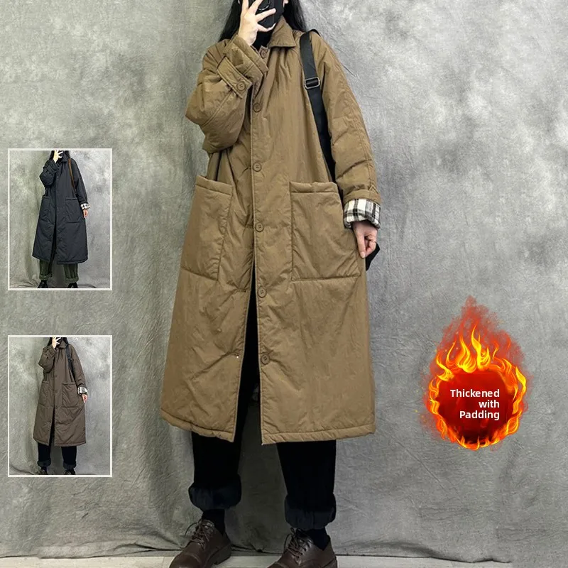 

Японское хлопковое пальто средней длины с большим воротником с клапаном, женское теплое хлопковое пальто чистого цвета