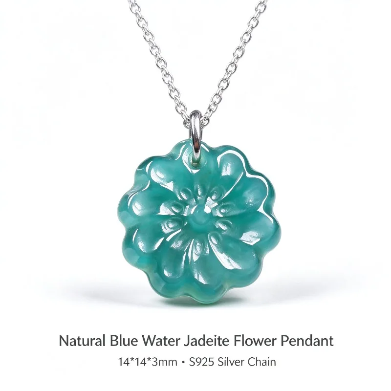 手彫りの天然ブルーウォーターガーディアイトの花のペンダント、S925シルバーチェーン、花のモチーフのジェードネックレス、女性用、ヴィンテージ中国風ジュエリー、ギフト。 1