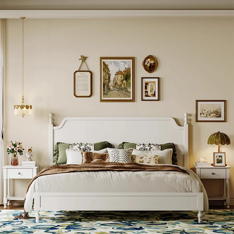 Beige American Double Bed Metal Wooden White Bedgeraamte Double Bed Luxury Adjustable Cama Matrimonial Bedroom Furniture