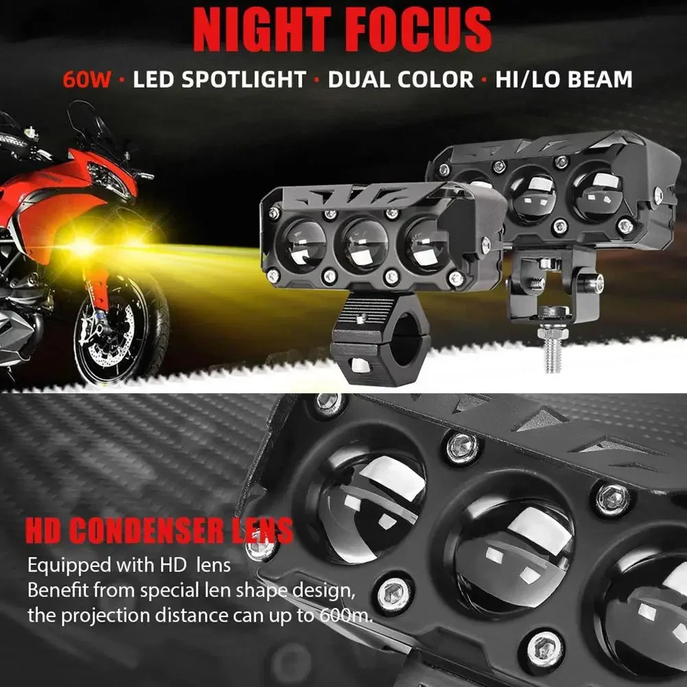 2pcs 3 Lens Motorcycle Headlight LED Work Light Dual Color Hi/Low Beam Spotlight Flashing Fog Lamps White/Yellow Led Para Moto