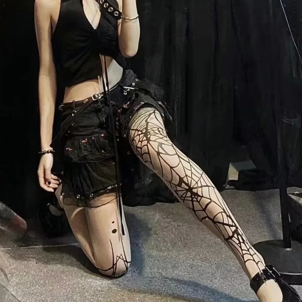 High Waist Halloween Pantyhose Spider Web Witch Pantyhose Bat Pattern Tights Gothic Elasticity Stockings Alternative Fashion