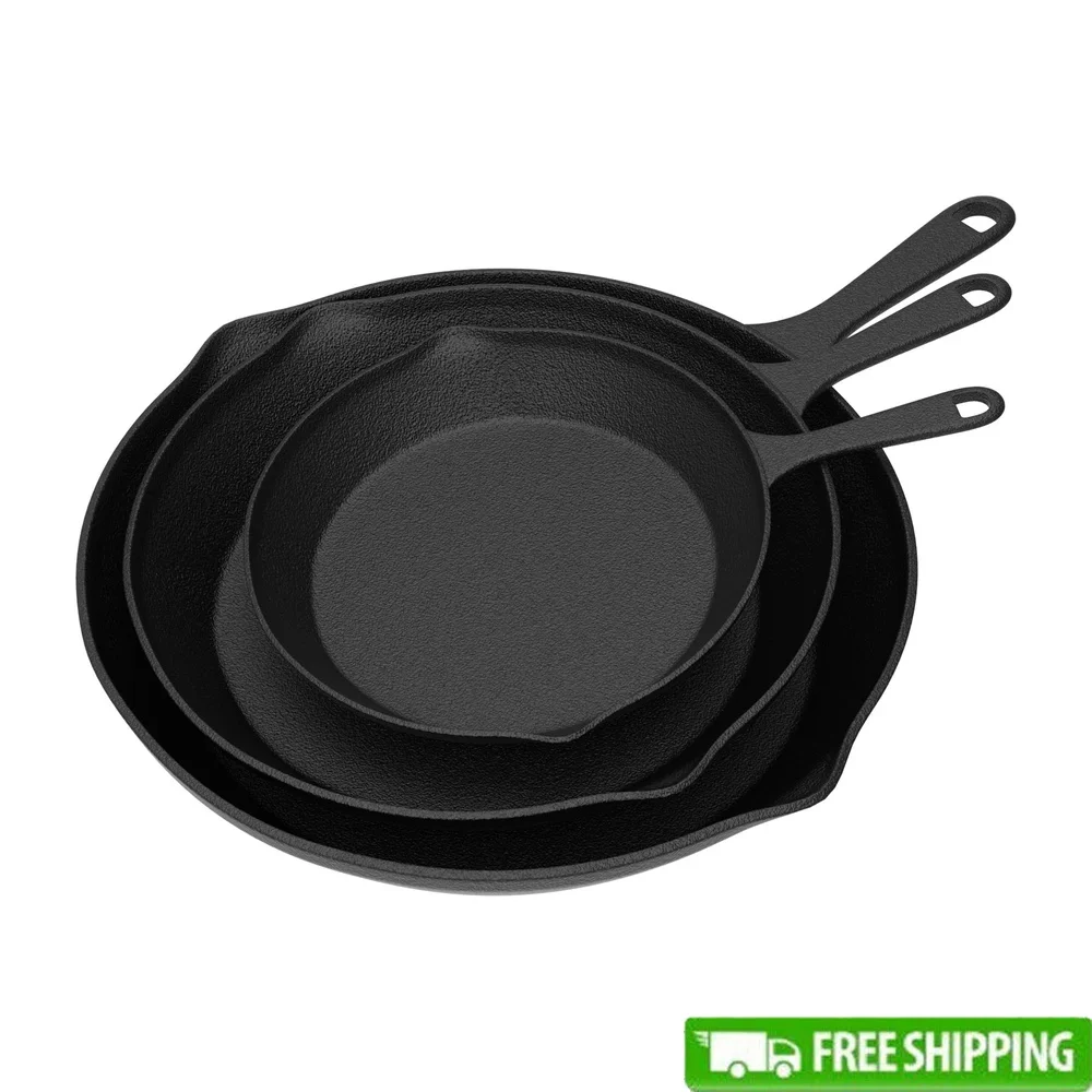 

Cast Iron Skillets Frying Pan Set 3 Piece Pre-Seasoned 10in 8in 6in Versatile Durable Nonstick Cookware Induction Safe Gift