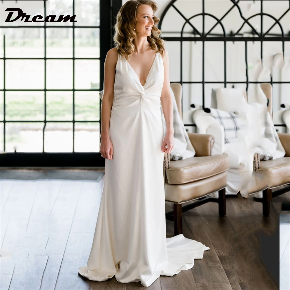 DREAM Deep V Neck Knot Satin elegante abito da sposa A sirena senza maniche una linea aperta sul retro semplici abiti da sposa su misura