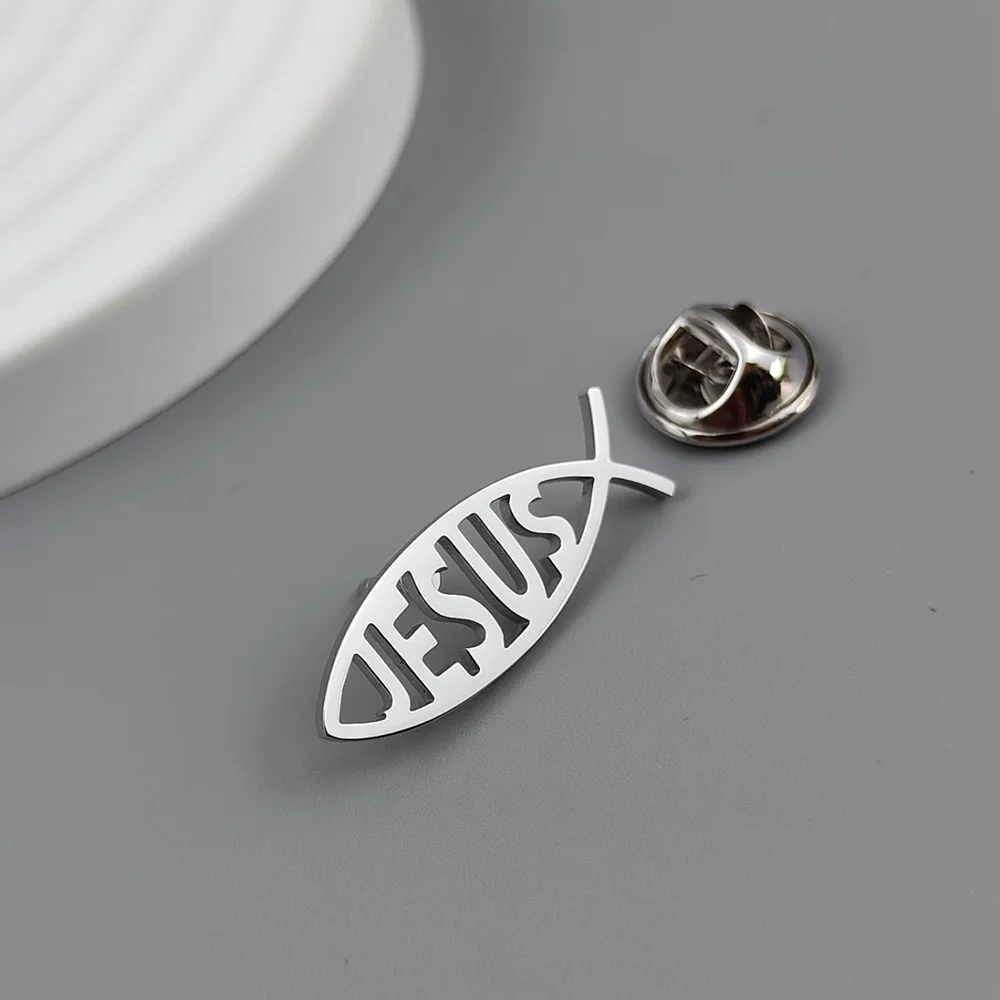 Trendy religious elements brooch Jesus fish shape JESUS ​​letter lapel pin, clothing bag decoration, popular religious jewelry view 3