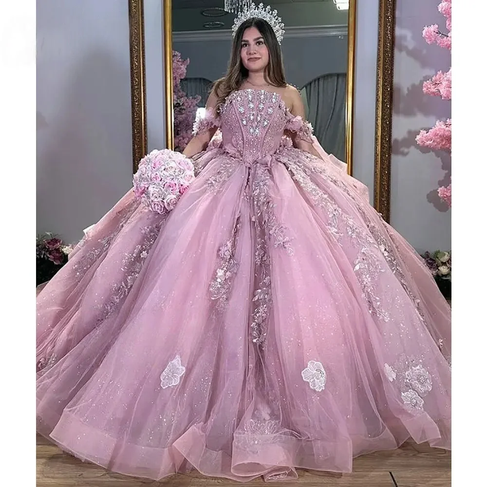 

Розовые платья Charro Quinceanera, бальное платье без бретелек с аппликациями из бисера, мексиканские милые платья 16, 15 Anos по индивидуальному заказу