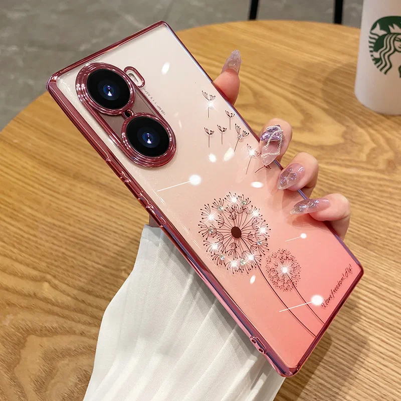 Diamond Plating Case for Huawei Honor 70 60 50 Pro P60 P50 P40 Mate 40 Dandelion Jewelled Rhinestone Clear Soft Cover Woman Girl