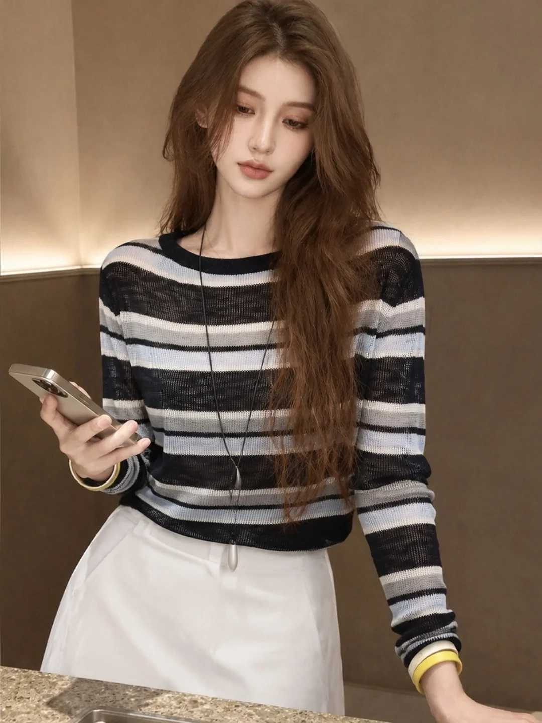 Fashionable Striped Color Block Ice Silk Knitted Long Sleeve Top for Women Elegant Chic Korean Style Commute Straight Cut