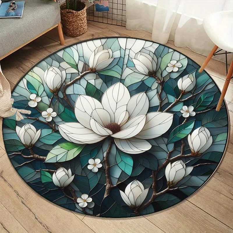 

1pc Crystal velvet round rug with magnolia pattern, non-slip, polyester, suitable for bedroom, living room or outdoor