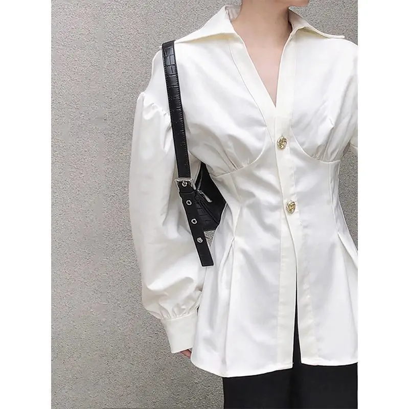 Lantern-sleeve Slim Elegant Office Lady All-match Shirts Leisure French Tunic Bandage Design Spring Irregular Hem Solid Tops