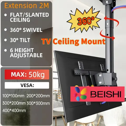 26-65인치 화면 360용 범용 TV 천장 마운트 조절식 TV 브래킷 ° 회전과 15 ° 30 ° 기울기 높이 조절 가능