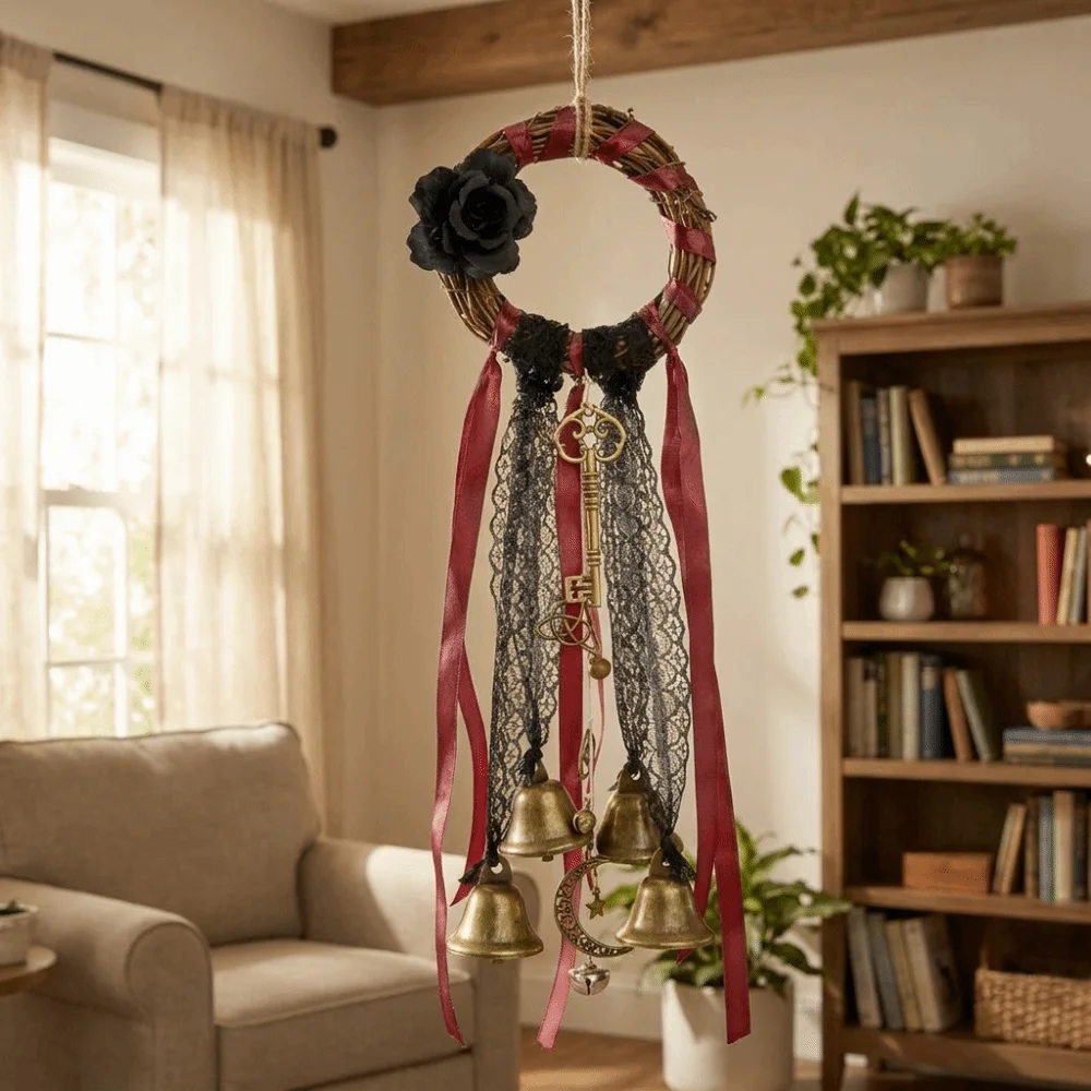 

Vintage Witch Bell Pendant Handmade Flower Design Wind Chimes Rattan Wind Chime Witch Protection Pendant Room Decoration