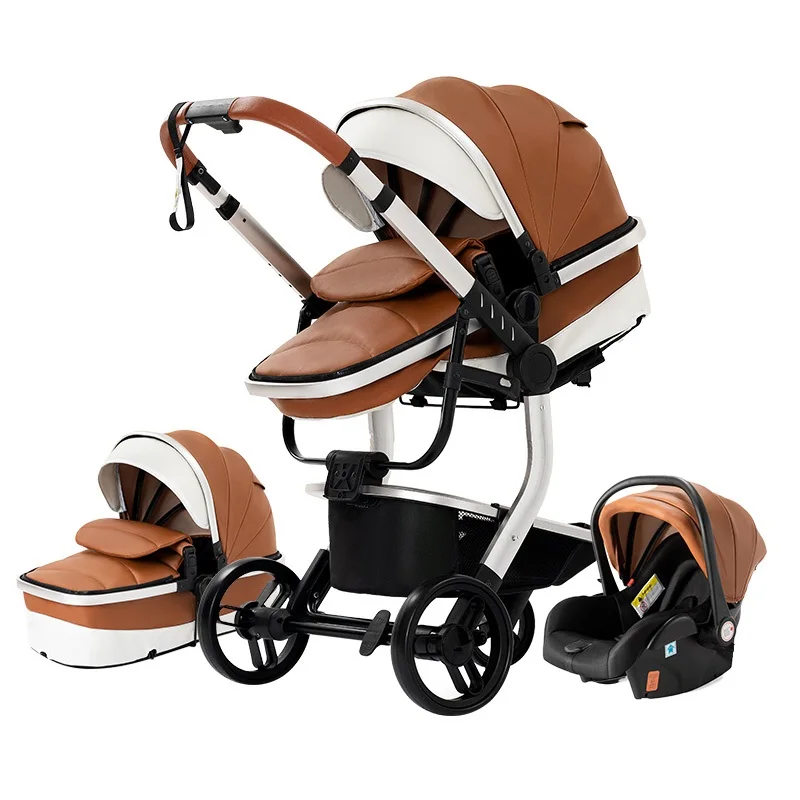 Poussette de Luxe 3 en 1 en Cuir PU pour Bébé, Roue en Caoutchouc Portable, Cadre en Aluminium, Paysage Haut, Nouveau-né