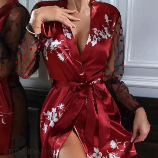 Temptation Perspective Lace Kimono Bathrobe Nightgown Women's Robe Sleepwear Sexy Spring Summer New Satin Home Clothes Lingerie