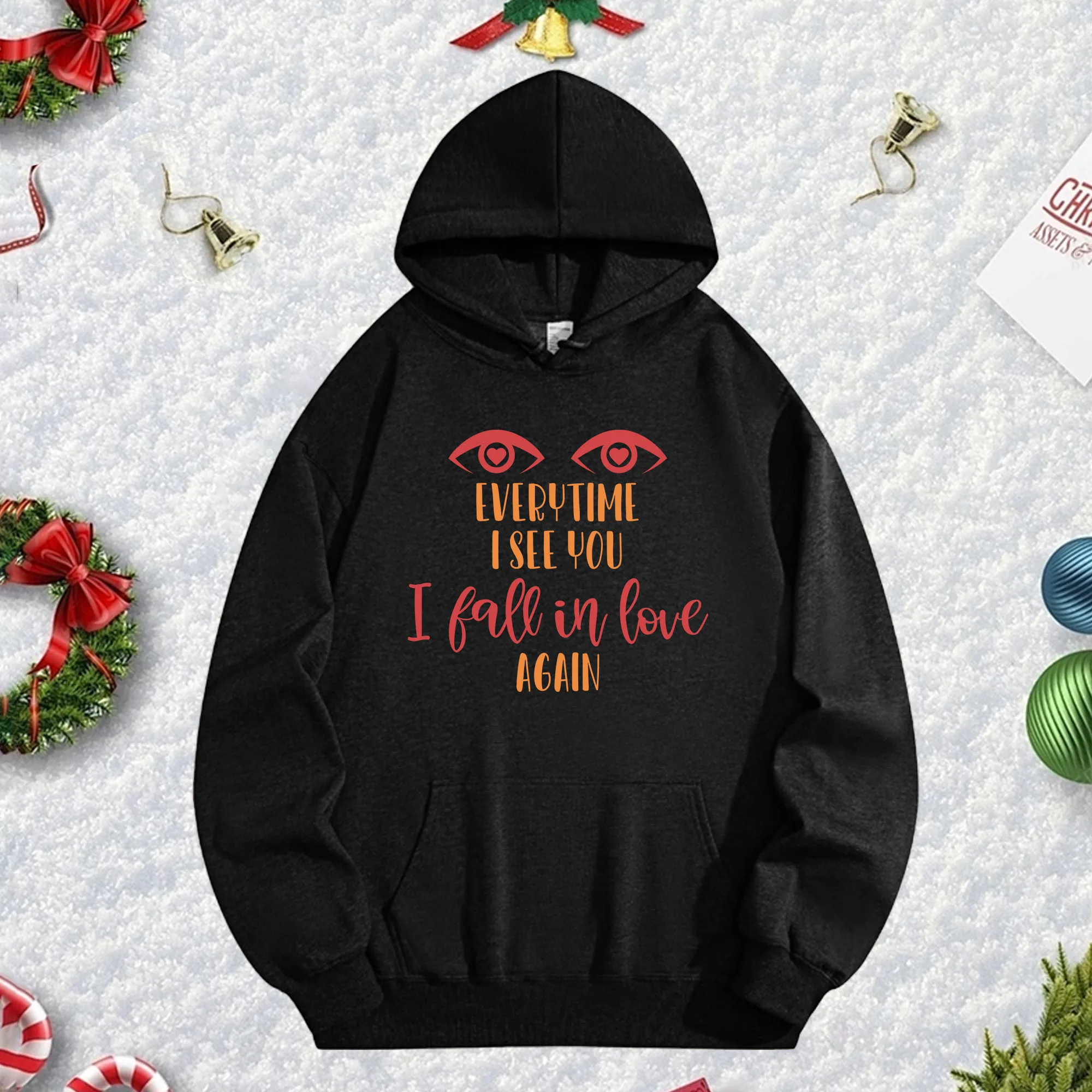 Ogni volta Ti vedo 270G Felpa con cappuccio nera per uomo e donna, comodo pullover in pile oversize per la stagione natalizia autunno/inverno