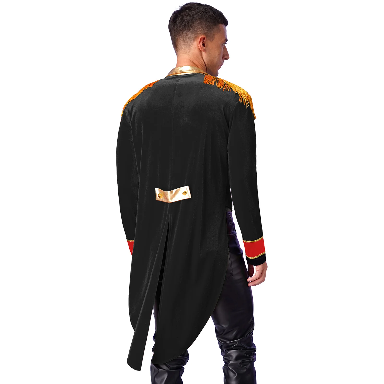 Mens Circus Ringmaster Costume Long Sleeve Metallic Lapel Showman Jacket Halloween Tailcoat Tassel Velvet Swallow-Tailed Coat