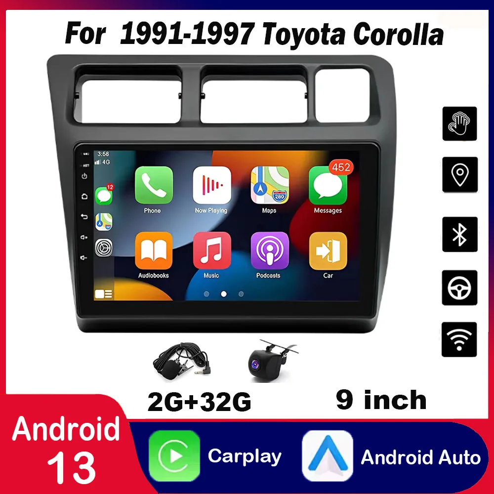 

Car Stereo Radio Android 13 Carplay GPS WIFI Cam Compatible for 1991-1997 Toyota Corolla LHD Manual AC