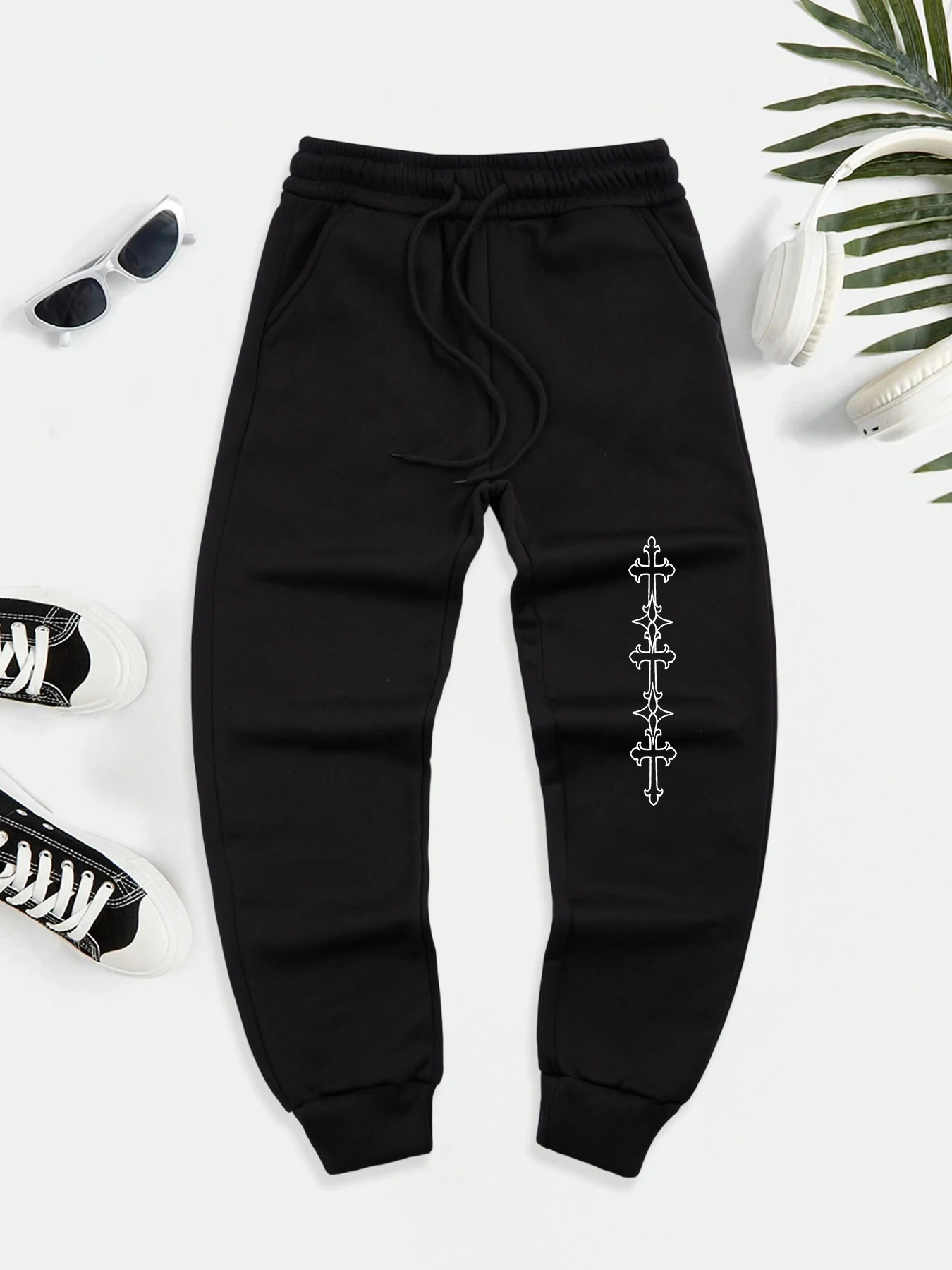 

Creative Vertical Cross Print Casual Versatile Men Pant Fashion Trendy Hip Hop Trousers With Drawstring Pockets Comfy Sweatpants