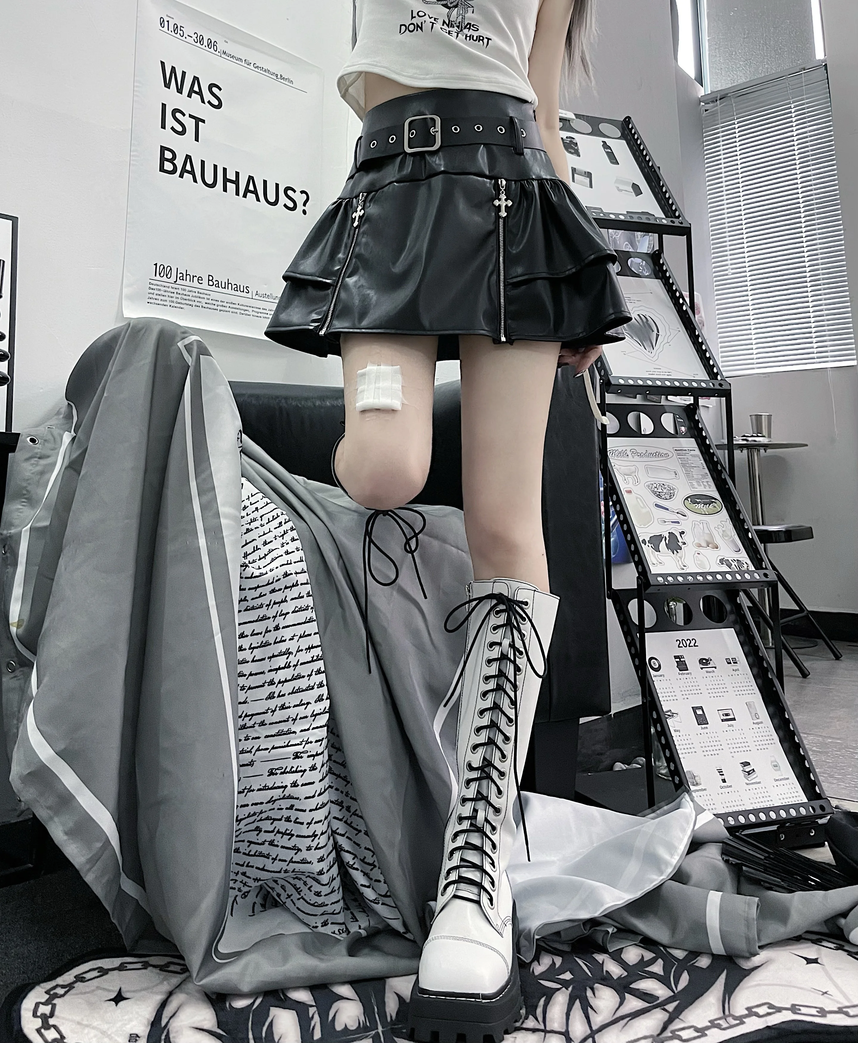 Ruibbit Original Short A-line Women PU Leather Skirt New Autumn Spice Girls Cross Metal Zipper Subculture Gothic Mini Skirts