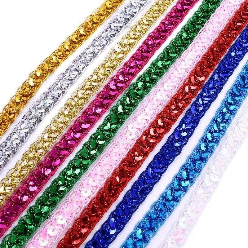 12 Yds Sequined Lace Ribbons Gold Braided Band Crochet Cosplay Costumes Trims Appliqued Sewing Apparel Ribbon 1.2CM