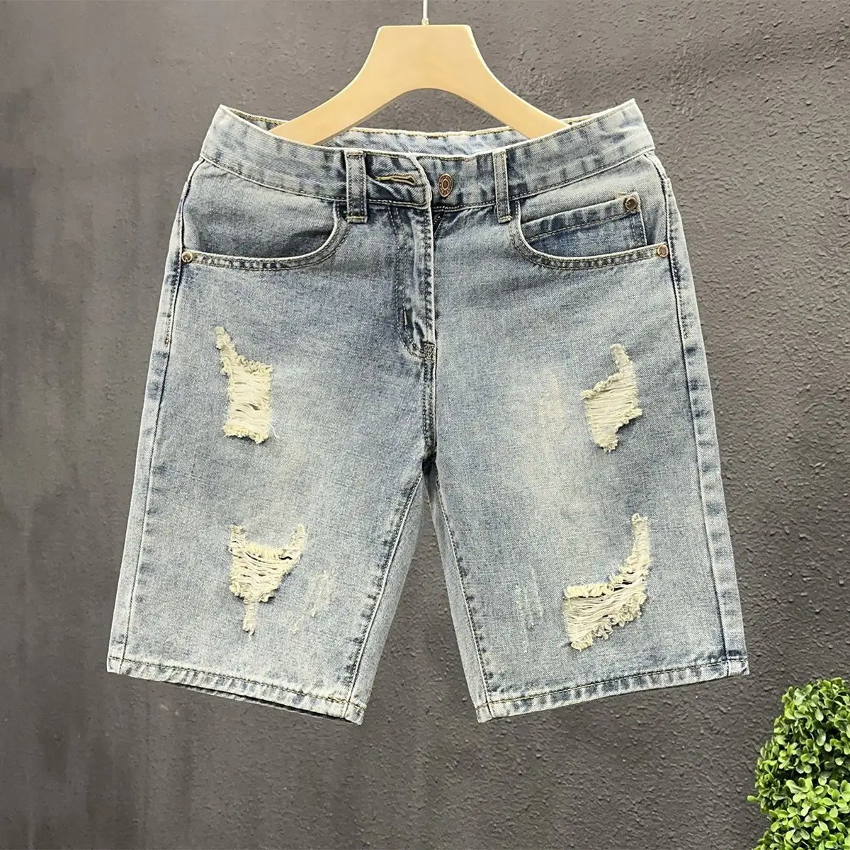 Summer 2025 Straight Ripped Denim Shorts Men's Trendy Brand Simple Man Clothes Short Jeans Trendy Casual Thin Medium Pants Men